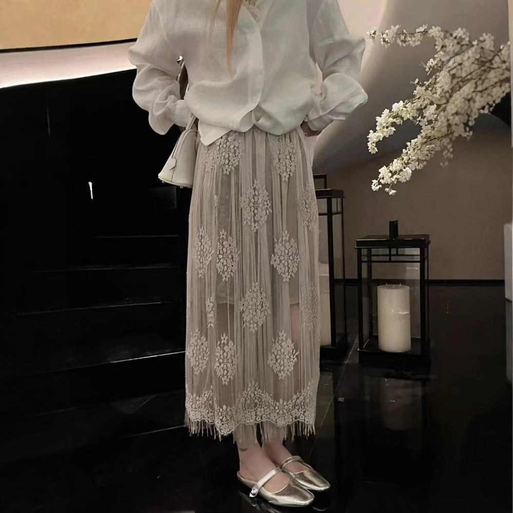 2025 summer new designer niche high waist lace fringed skirt women