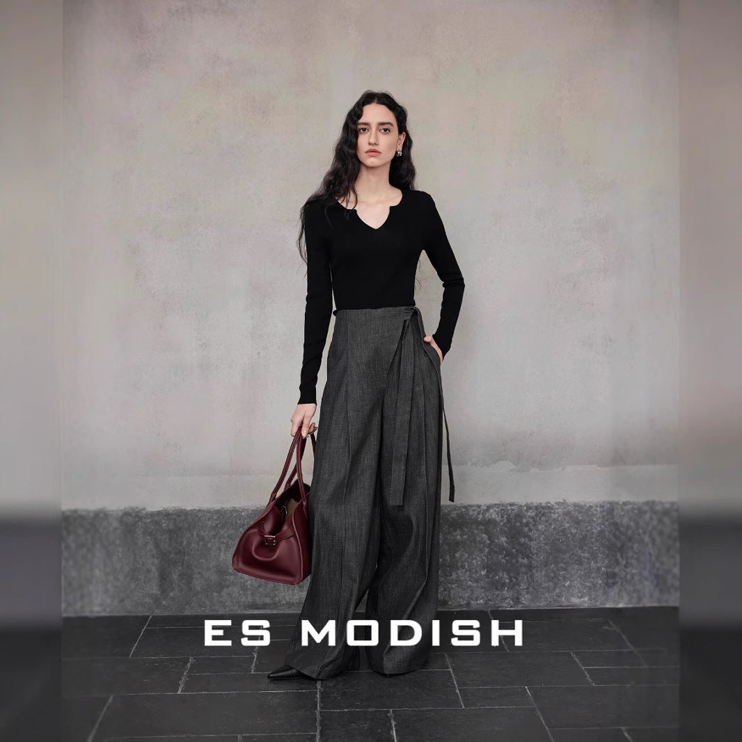 2025 ES MODISH spring new product elegant V-neck slim-fitting long-sleeved knitted sweater high-end Tencel top women