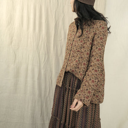 23 spring and summer retro old printed double-layer cotton shirt, medieval casual stand-up collar burr top S23001