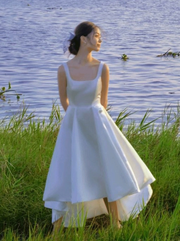 2025 light wedding dress bride simple satin suspender travel shot white short dress exterior going out yarn  spring