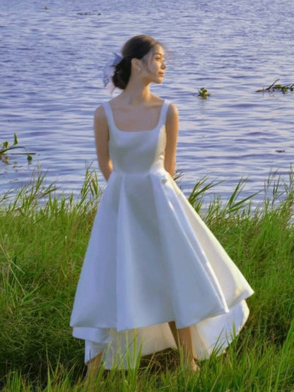 2025 light wedding dress bride simple satin suspender travel shot white short dress exterior going out yarn  spring