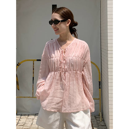 2025  Tencel linen pleated lace-up sunscreen shirt women's 2025 summer Korean light shirt T5032X