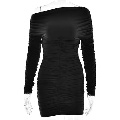 2025 New new women's clothing solid color slanted shoulder autumn and winter hip dress long sleeve pleated slim dress
