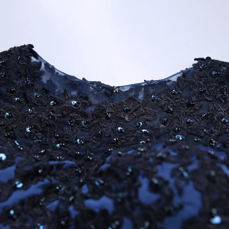 2025 Blue and black medium and long-sleeved bridal wedding dress popular new spring and autumn banquet annual performance host long evening dress