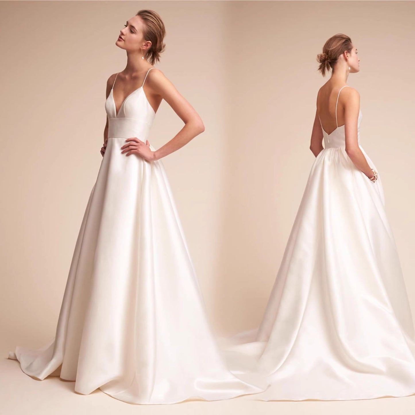 2025 Travel photography light wedding dress  new V-shaped suspender satin wedding dress simple trailing bride toasting dress art photo