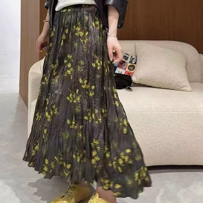 2025 Spring Korean version of high waist pleated retro floral A-shaped skirt versatile skirt fairy skirt fashionable medium and long skirt