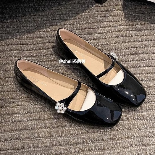 2025 Spot cowhide version~ Su Yinyin, the same flower diamond square head rhinestone buckle, flat bottom Mary Jane ballet single shoes women