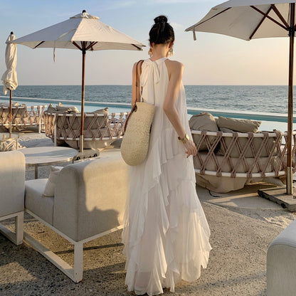 2025 White Elegant Fairy Neck Lotus Leaf Edge Holiday Dress Summer Fairy Seaside Beach Dress Cake Dress