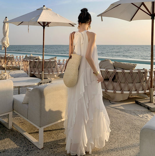 2025 White Elegant Fairy Neck Lotus Leaf Edge Holiday Dress Summer Fairy Seaside Beach Dress Cake Dress