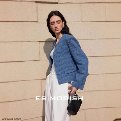 2025 ES MODISH spring new  blue small fragrant coat small people can wear celebrity temperament short coat