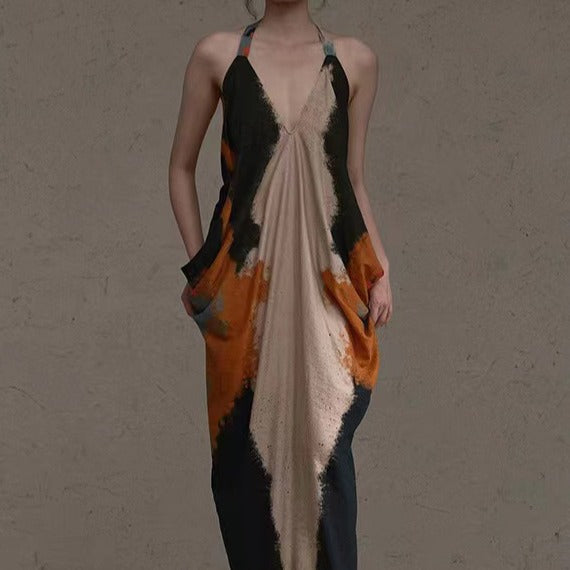 2025 24 spring and summer, oil painting rock color rendering lanyard dress, beautiful romantic classical fairy