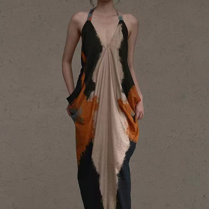 2025 24 spring and summer, oil painting rock color rendering lanyard dress, beautiful romantic classical fairy