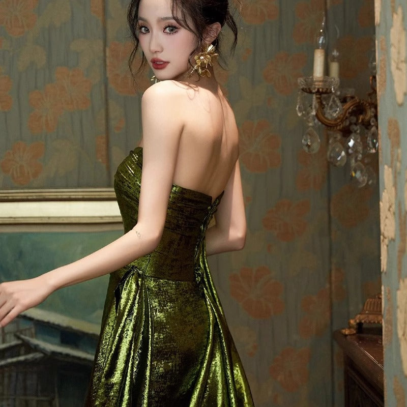2025 Green tube top morning gown fishtail sequined toast bride wedding engagement sexy halter evening dress birthday party