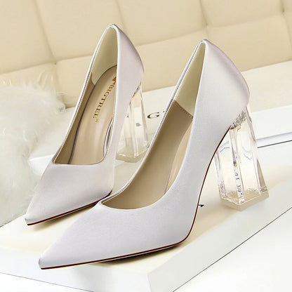2025 2993-1 Korean version of fashion transparent crystal heel high heel satin light mouth pointed sexy high heels wedding shoes women's single shoes
