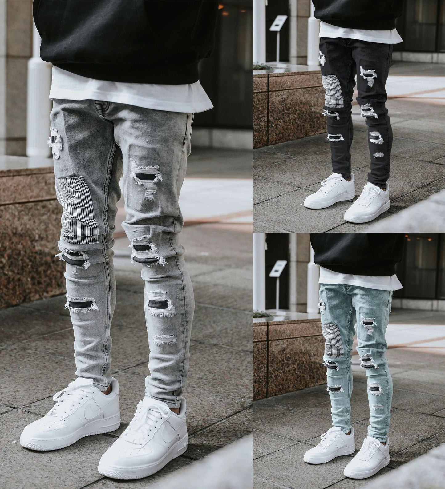 2025 Popularan, 2025n autumn and winter men's ripped and thin skinny jeans pants Popularan station INS explosion ripped patch pants