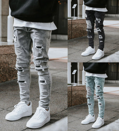 2025 Popularan, 2025n autumn and winter men's ripped and thin skinny jeans pants Popularan station INS explosion ripped patch pants