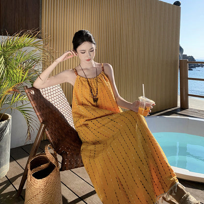 2025 Yellow fringed embroidered suspender dress for women, super good-looking vacation temperament long dress, beautiful Xishuangbanna beach dress