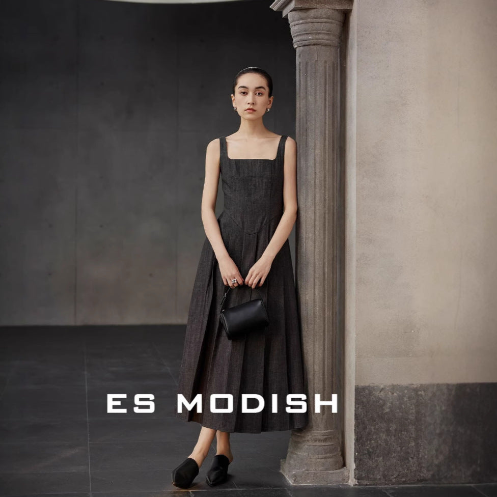2025 ES MODISH Spring New Muse Essential  Retro Casual Temperament Square Neck High Waist Suspender Dress