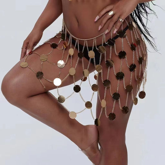 2025 MW3150  skirt nightclub show sexy sequins small disc metal chain splicing skirt body chain