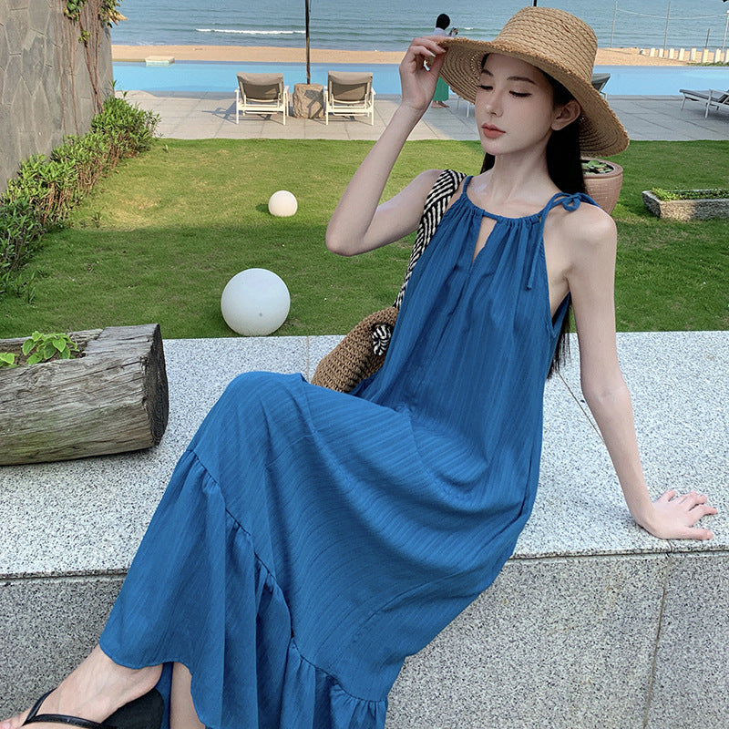 2025 Summer beach retro elegant  white neck dress travel vacation style fashion design sense long dress women