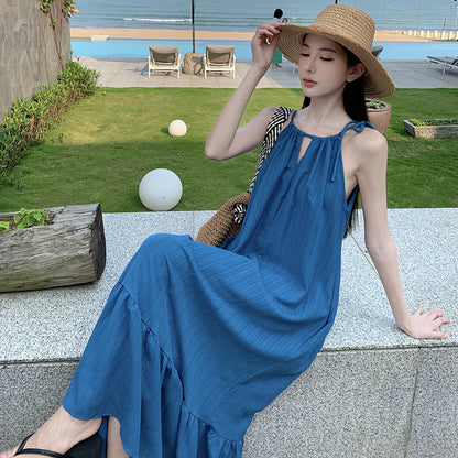 2025 Summer beach retro elegant  white neck dress travel vacation style fashion design sense long dress women