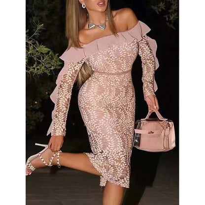 XAKXX 2025 popular  Celebrity Temperament Lotus Leaf Splicing Lace One-word Shoulder Buttocks Dress Off-the-Shoulder Evening Dress