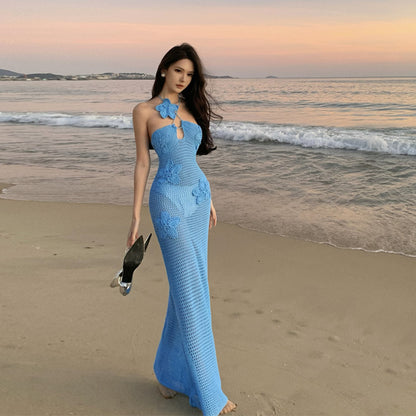 2025 Tube top step skirt vacation style seaside sexy perspective tight knitted dress travel photo nice skirt