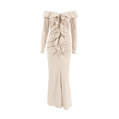 XAKXX 2025Slim-fit ruffle edge dress popular autumn and winter high-end sense khaki one-word neck tube top open fork fish tail long dress women