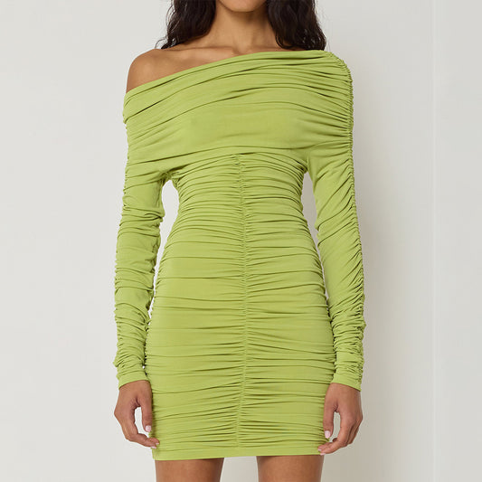 2025 New new women's clothing solid color slanted shoulder autumn and winter hip dress long sleeve pleated slim dress