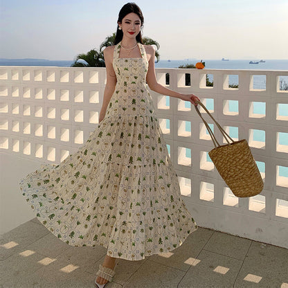 2025 Mori sweet temperament printed sleeveless neck dress women's beautiful holiday style backless floral long dress summer