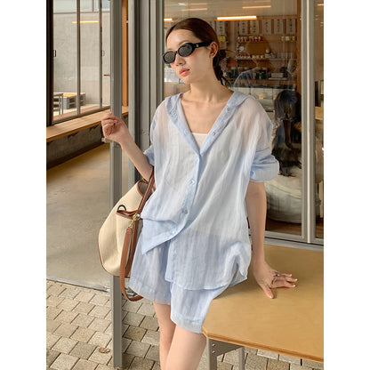 2025  linen tencel hooded sunscreen shirt + lace-up shorts women's 2025 casual fashion suit T5031X