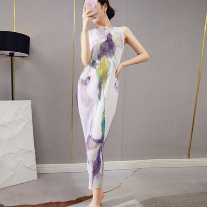 2025 Fashion high-end pleated skirt summer women's new long sleeveless printed straight versatile retro dress