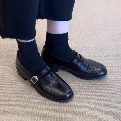 2025 Spot cowhide version~ retro minimalist style round head small leather shoes women's belt buckle Mary Jane single shoes thick heel loafers