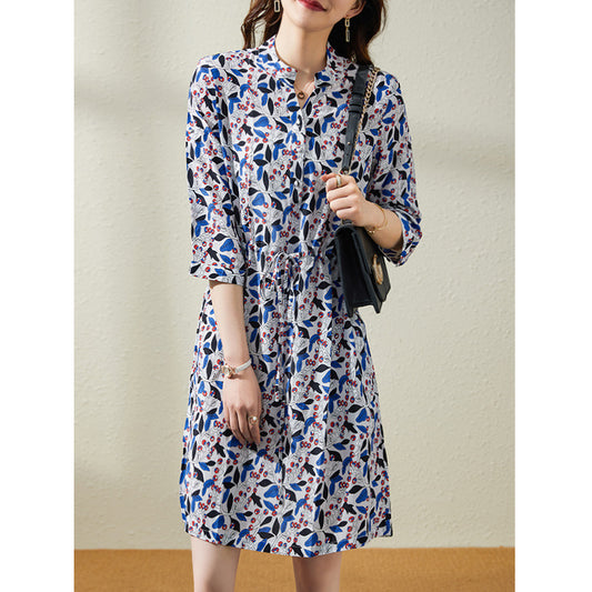 2025 Platycodon short-sleeved medium and long mulberry silk skirt  summer new silk dress temperament women's clothing