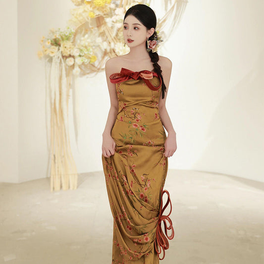 2025 New Chinese tube top morning gown dress women's dinner party bow return door banquet fishtail skirt bride toast dress