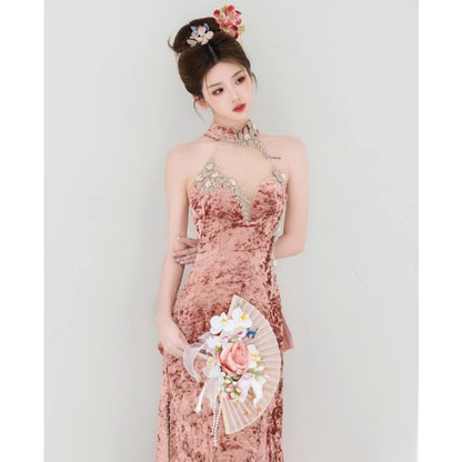 2025 Velvet Chinese morning robe popular new beaded toast suit embroidered backless new neck evening dress