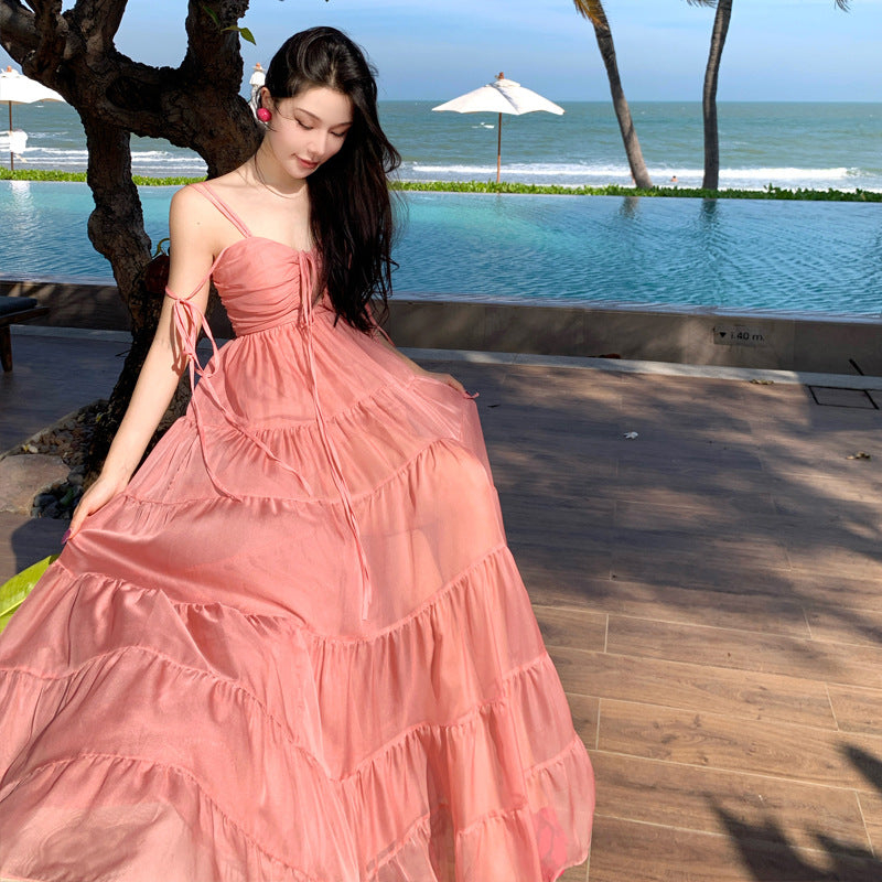 2025 Beautiful super fairy seaside vacation dress pink atmosphere tube top suspender beach swing dress niche fairy dress