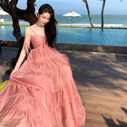 2025 Beautiful super fairy seaside vacation dress pink atmosphere tube top suspender beach swing dress niche fairy dress