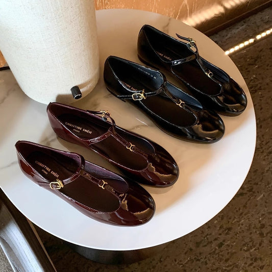 2025 Cowhide version~ Su Yinyin's same spring and autumn small gold buckle retro round head T belt versatile Mary Jane flat shoes women's single shoes