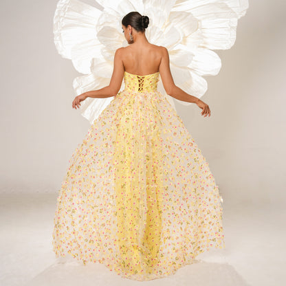 2025 high-end sleeveless temperament one-word collar long banquet evening dress bridesmaid dress mesh pendulum dress