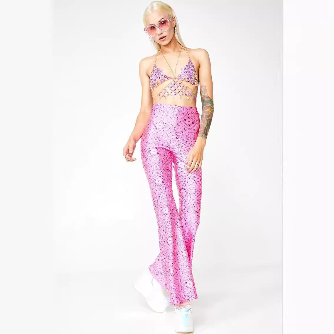 2025 MW3157  vest leaf shape sequined splicing neck V-neck chest wrap top small vest body chain
