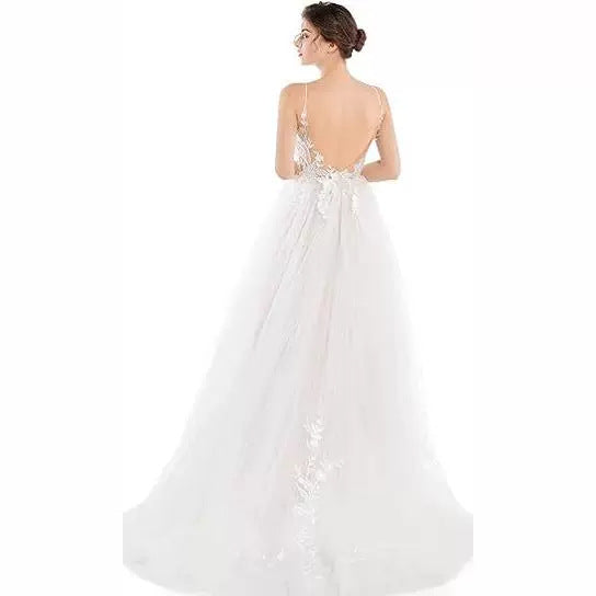 2025 Popular trade new wedding dress applique bohemian beach sexy thin shoulder strap lace bridal dress halter