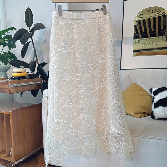 2025 Light luxury temperament fashion new embroidery curved sequins high waist medium and long skirt heavy industry