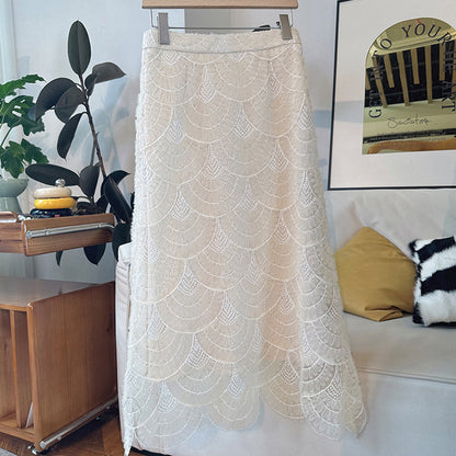 2025 Light luxury temperament fashion new embroidery curved sequins high waist medium and long skirt heavy industry
