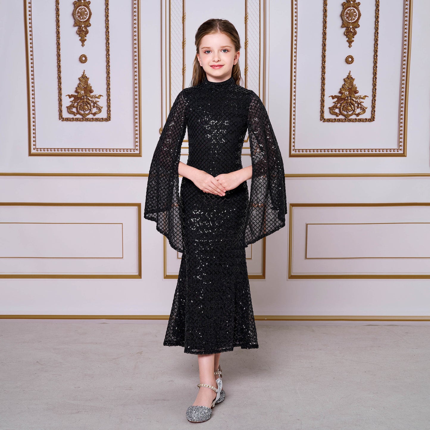 2025 catwalk princess dress model children's evening dress girls host fishtail niche sequined performance suit