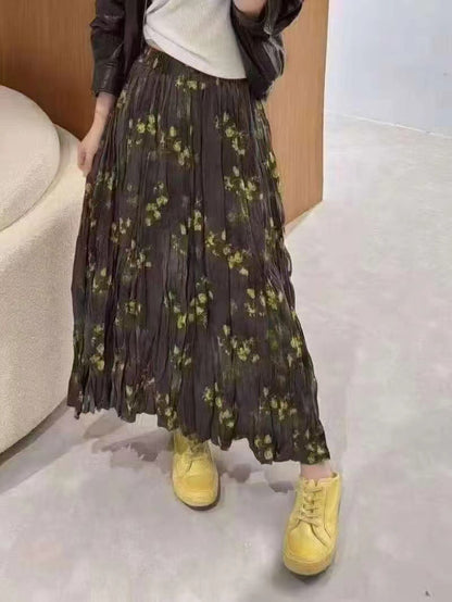 2025 Spring Korean version of high waist pleated retro floral A-shaped skirt versatile skirt fairy skirt fashionable medium and long skirt