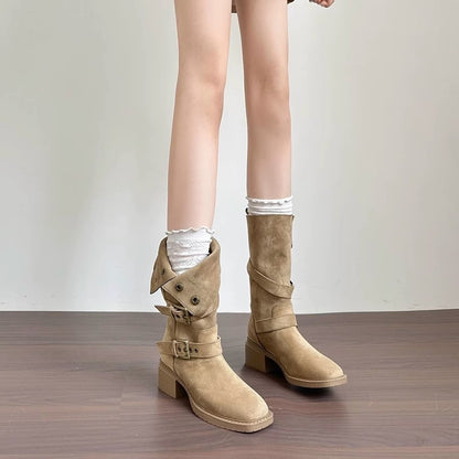 2025 Vintage Frosted Western Cowboy Boots Women's Leather Buckle Fold Two Wear Short Boots Thick High Heel Medium Boots