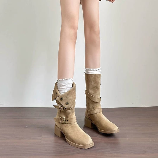 2025 Vintage Frosted Western Cowboy Boots Women's Leather Buckle Fold Two Wear Short Boots Thick High Heel Medium Boots