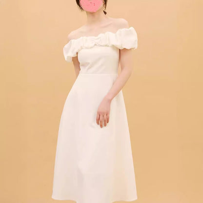 2025 spring white dress skirt pleated off-the-shoulder one-word collar elastic slim and thin two-length dress