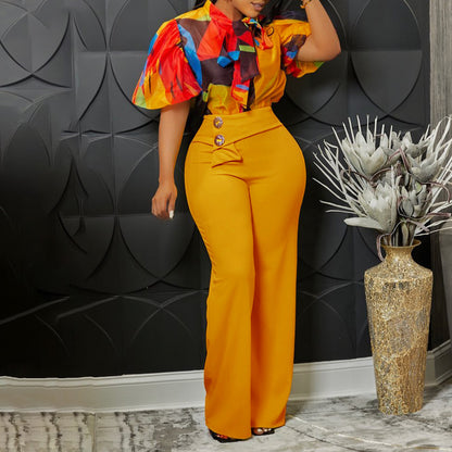 2025 D341 2025 new summer printed stand-up collar long-sleeved shirt top wide-leg pants fashion suit New two-piece set